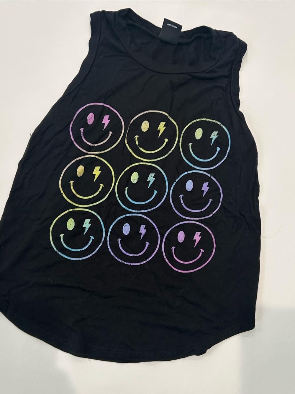 Pixielane Black Graphic Tank with Rainbow Smiley Icons, Size 5